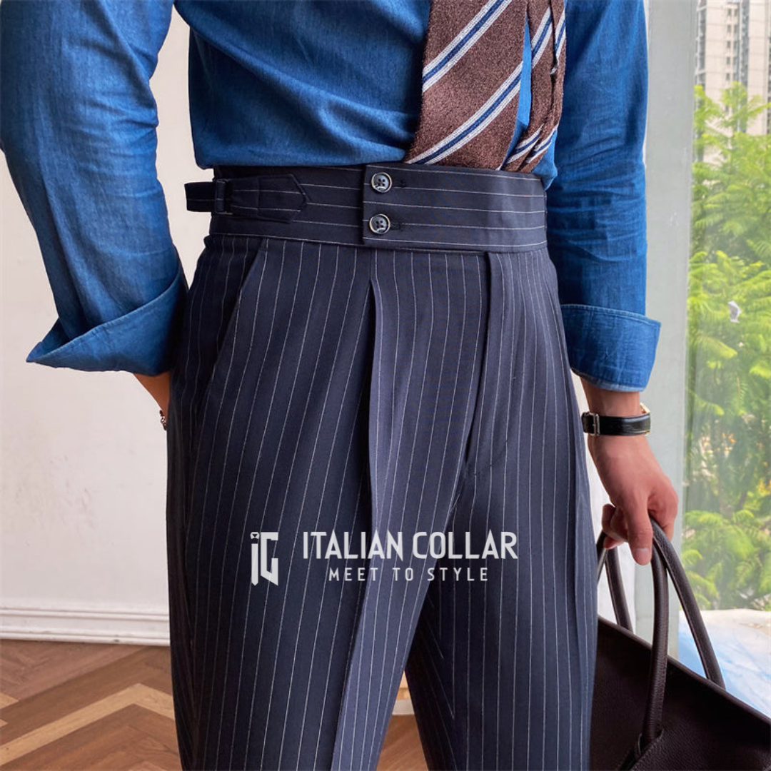Navy Blue Striped Signature Gurkha Pants By Italian Collar