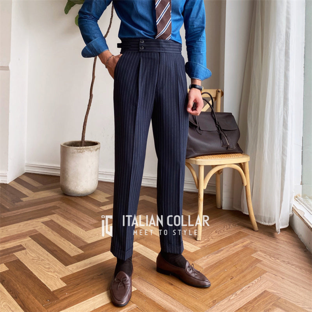 Navy Blue Striped Signature Gurkha Pants By Italian Collar