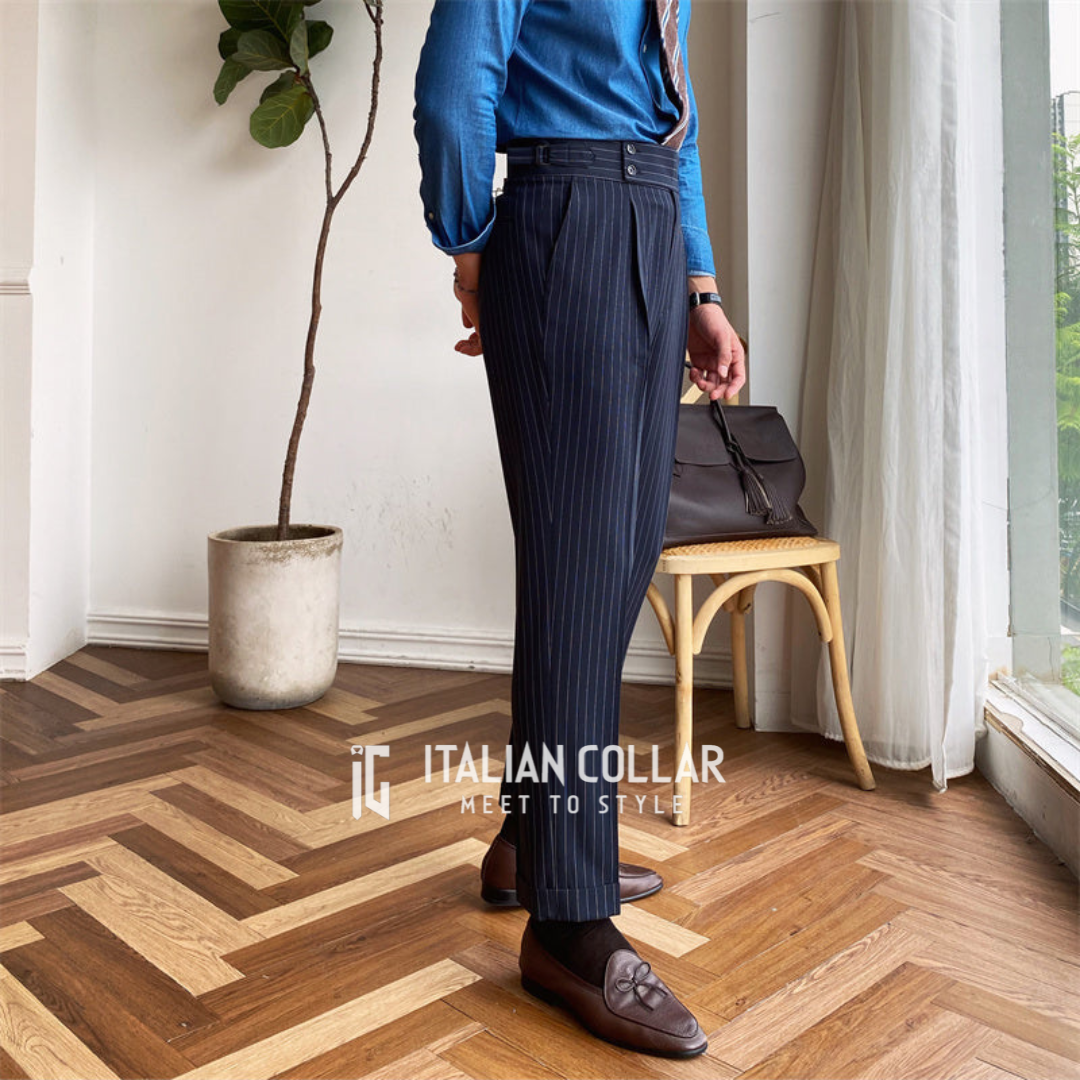 Navy Blue Striped Signature Gurkha Pants By Italian Collar