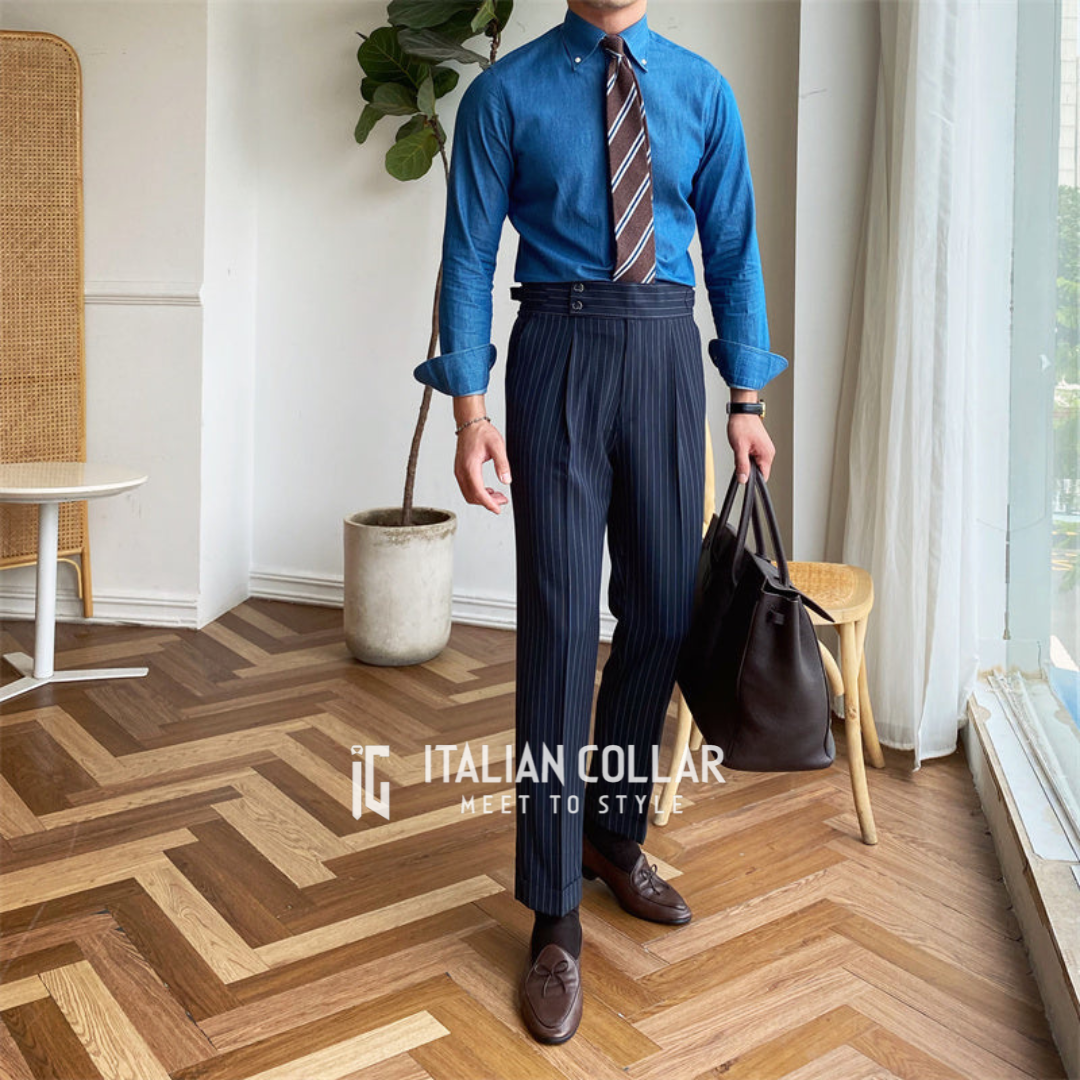 Navy Blue Striped Signature Gurkha Pants By Italian Collar