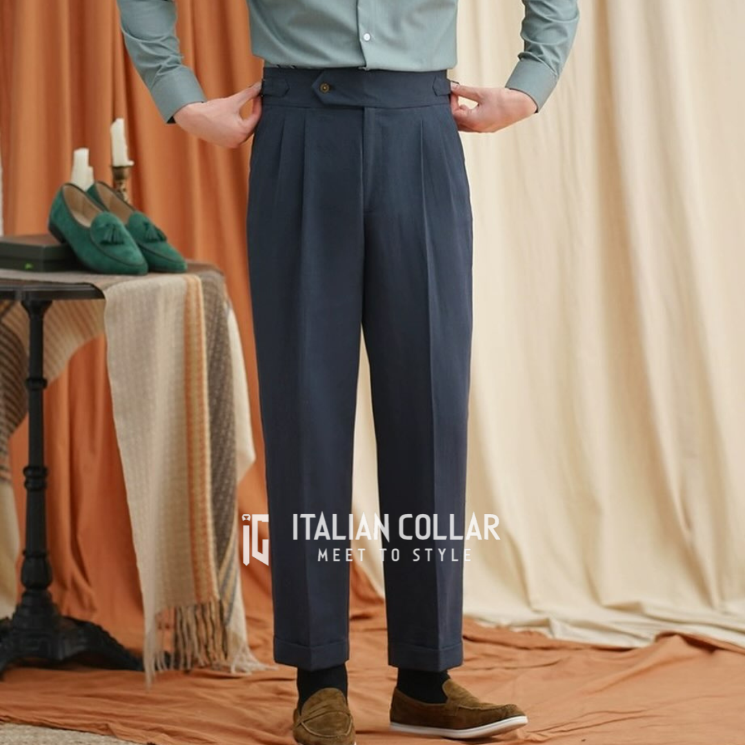 Navy Blue Italian Signature Formal Gurkha Pants By Italian Collar