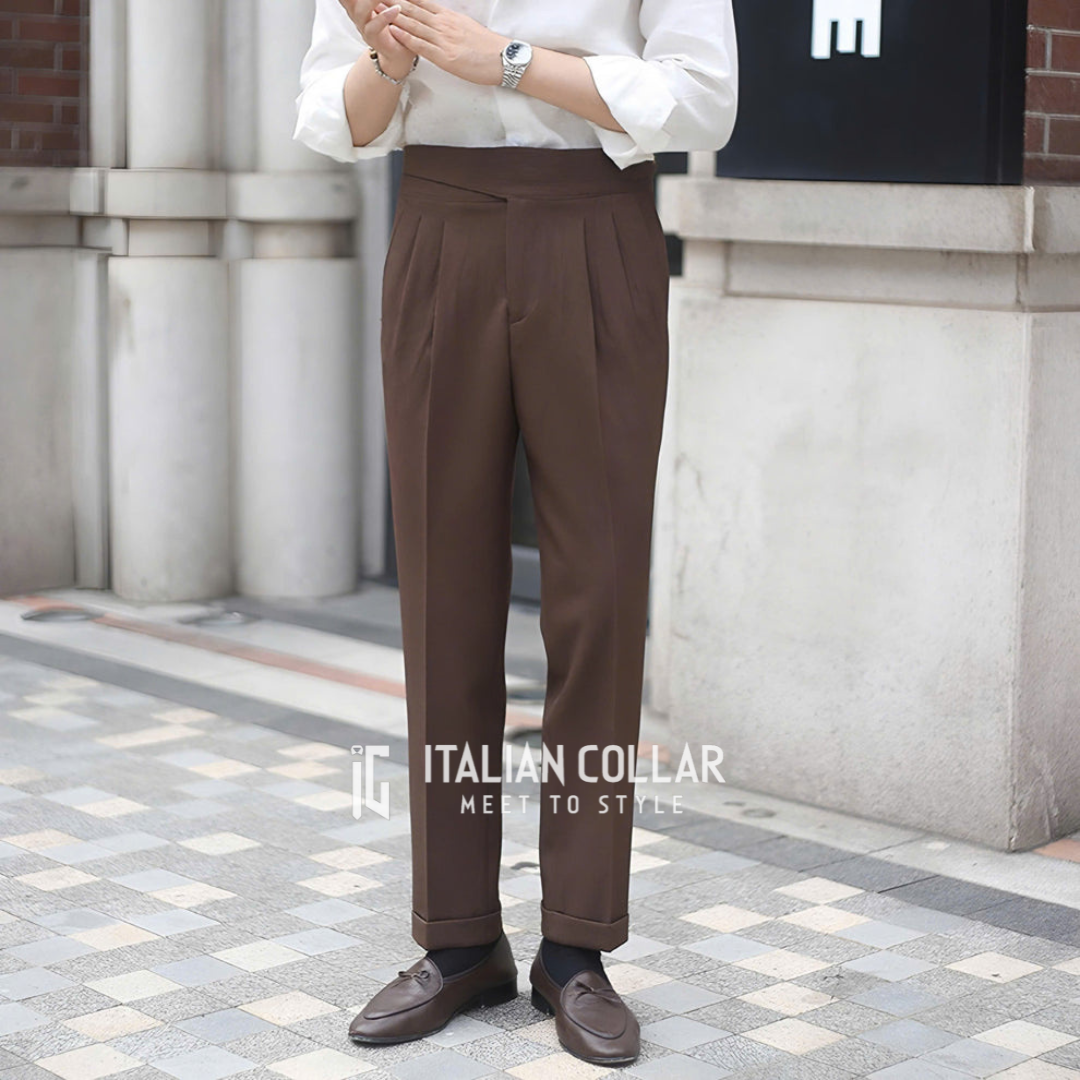 Coffee Classic Buttoned Gurkha Pants By Italian Collar