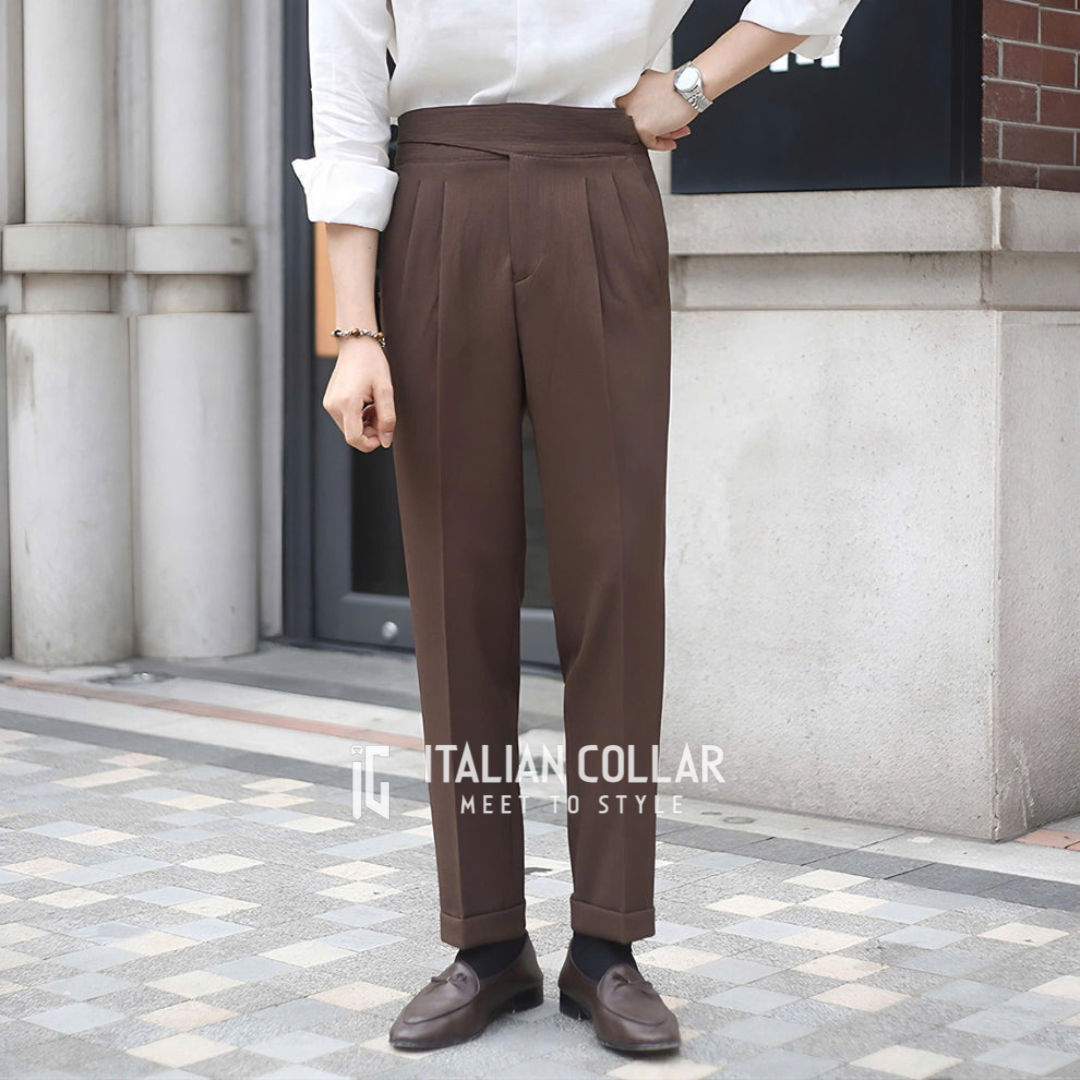 Coffee Classic Buttoned Gurkha Pants By Italian Collar