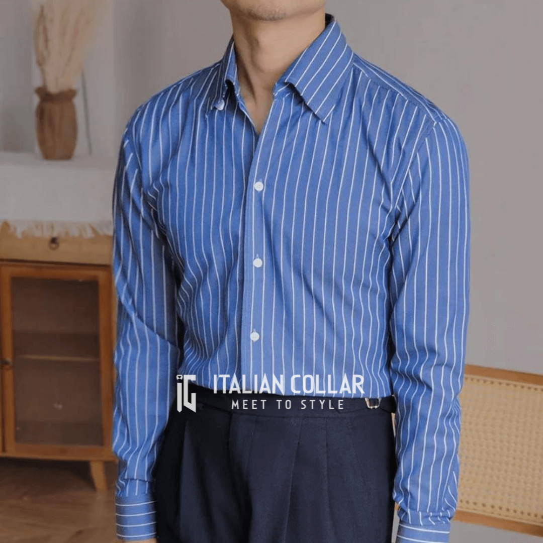 Royal Blue Striped Shirts By Italian Collar