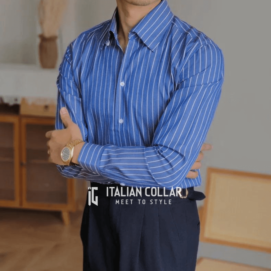 Royal Blue Striped Shirts By Italian Collar