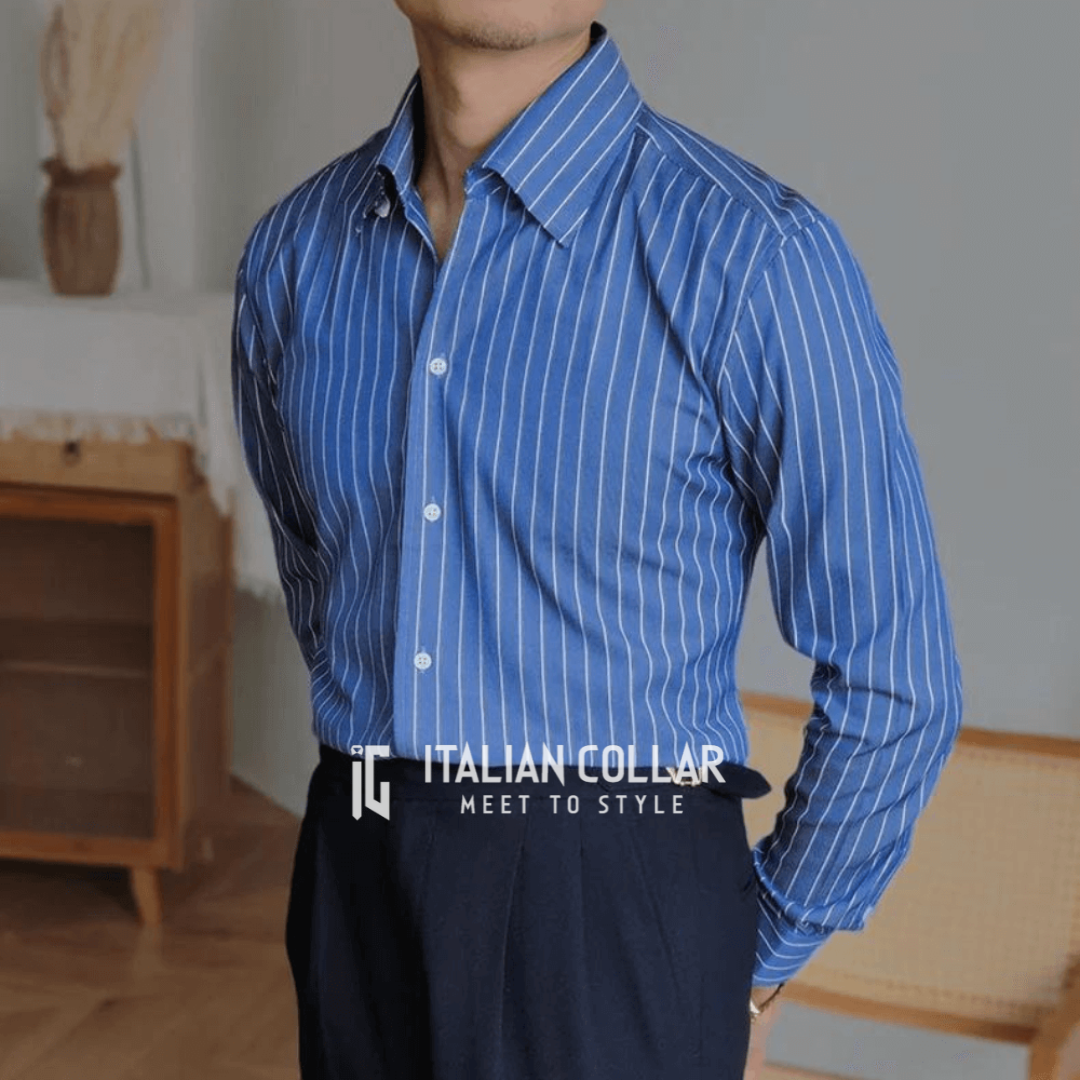 Royal Blue Striped Shirts By Italian Collar