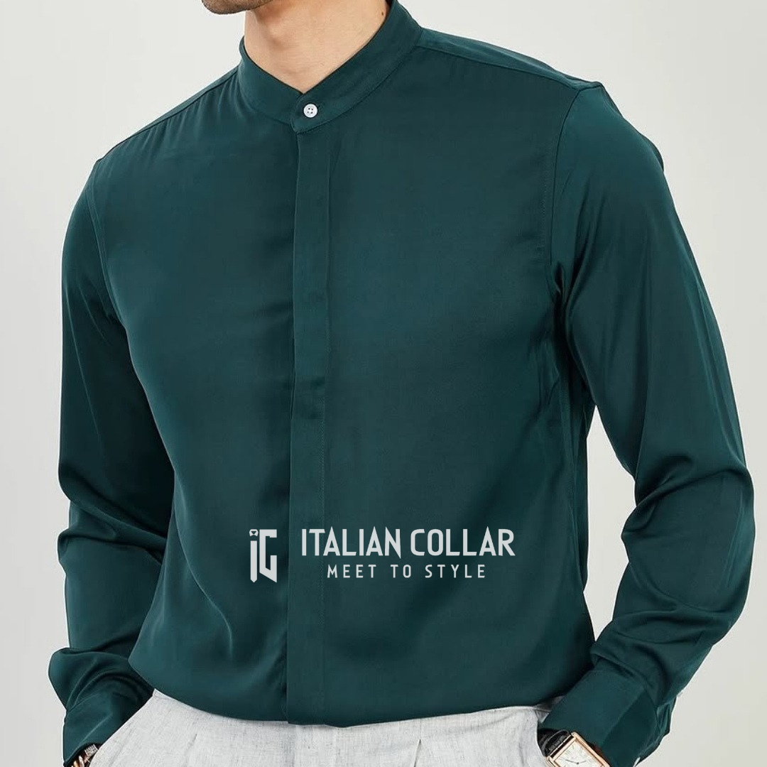 White Stand Collar Hidden Button Shirt By Italian Collar