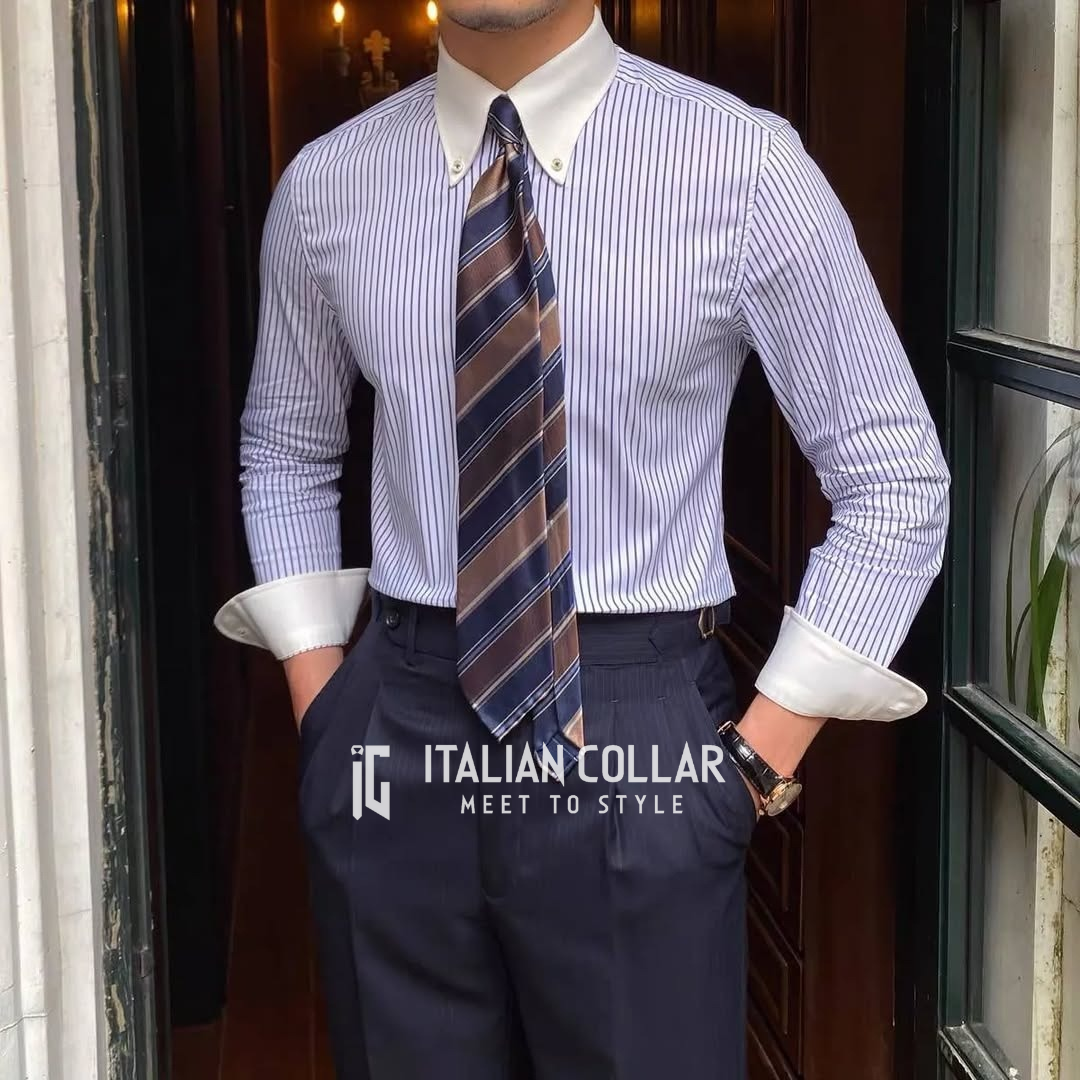 Sky Blue Old Money Elegant Stripped By Italian Collar