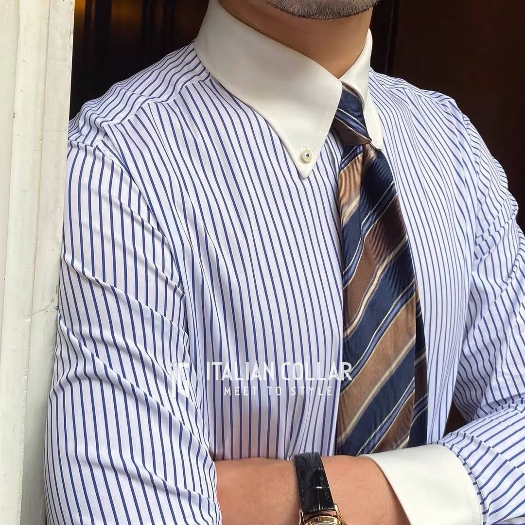 Sky Blue Old Money Elegant Stripped By Italian Collar