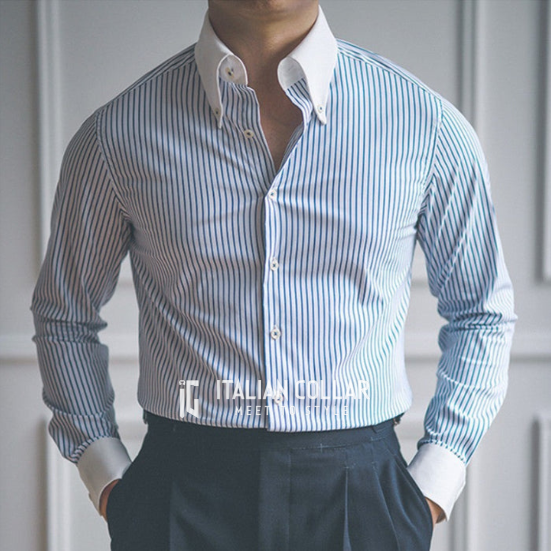 Sky Blue Old Money Elegant Stripped Shirts By Italian Collar