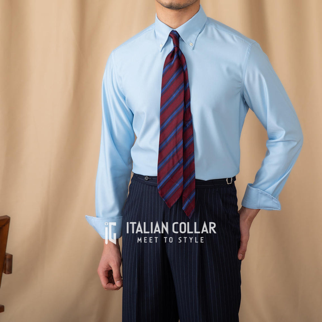 Sky Blue Shirt With Striped Navy Blue Italian Elegant Pants By Italian Collar