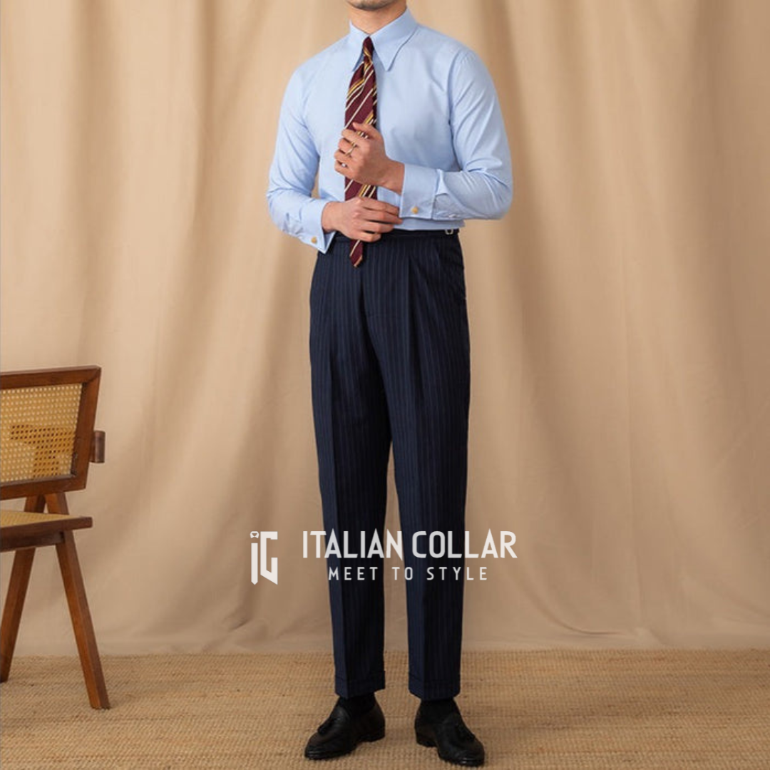 Sky Blue Shirt With Striped Navy Blue Italian Elegant Pants By Italian Collar