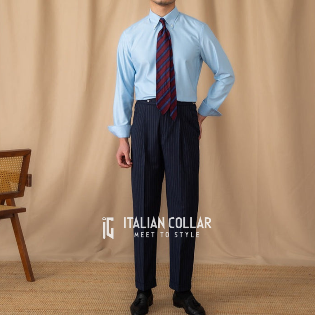 Sky Blue Shirt With Striped Navy Blue Italian Elegant Pants By Italian Collar