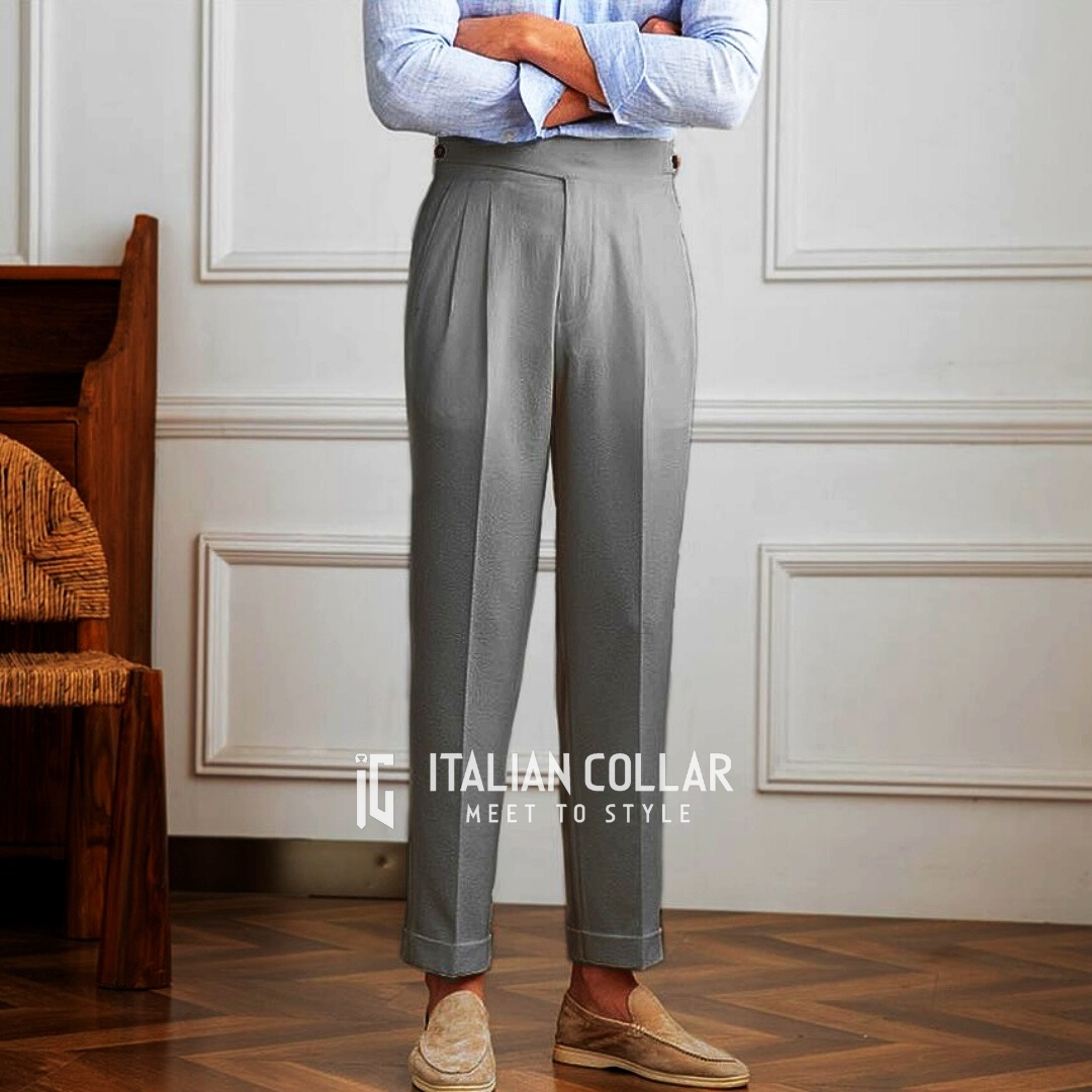 Stone Gray Classic Buttoned Gurkha Pants By Italian Collar