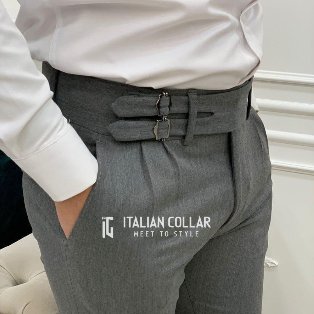 Stone Gray Double Buckle Gurkha Pants By Italian Collar