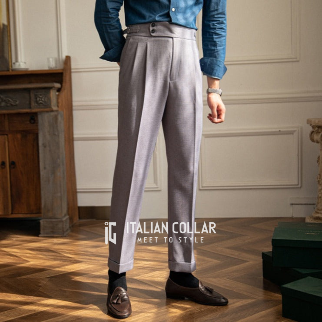 Stone Grey Signature Buttoned Gurkha Pants By Italian Collar