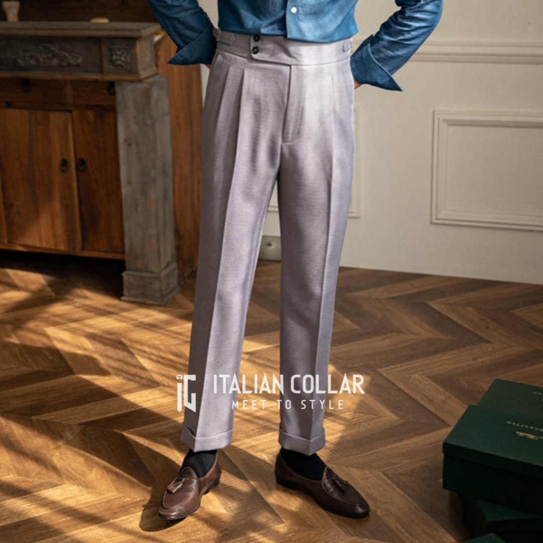 Stone Grey Signature Buttoned Gurkha Pants By Italian Collar