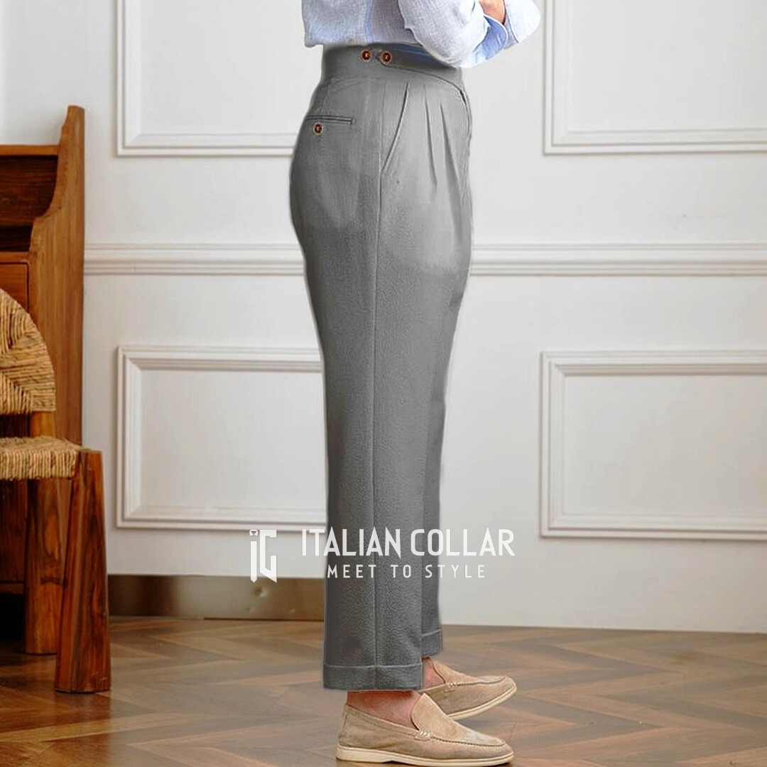 Stone Gray Classic Buttoned Gurkha Pants By Italian Collar