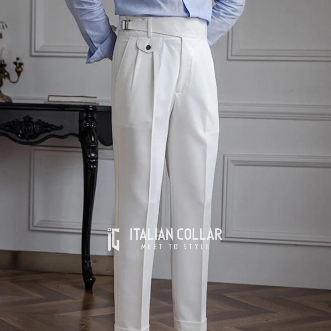 White Detachable Buckle Gurkha Pants By Italian Collar