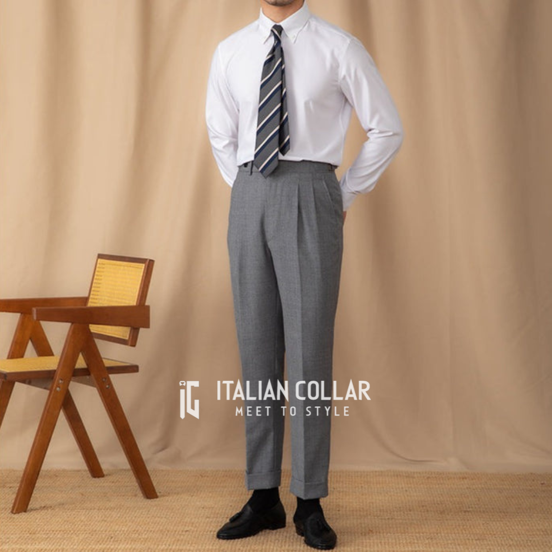 White Shirt With Stone Grey Italian Elegant Pant By Italian Collar