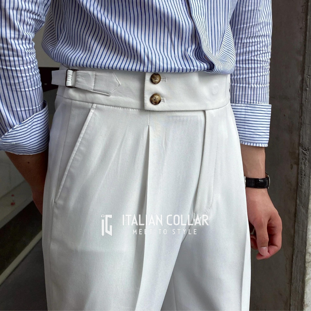 White Signature Buttoned Gurkha Pants By Italian Collar