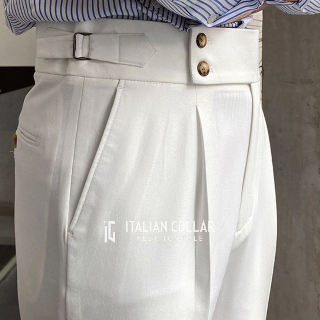 White Signature Buttoned Gurkha Pants By Italian Collar