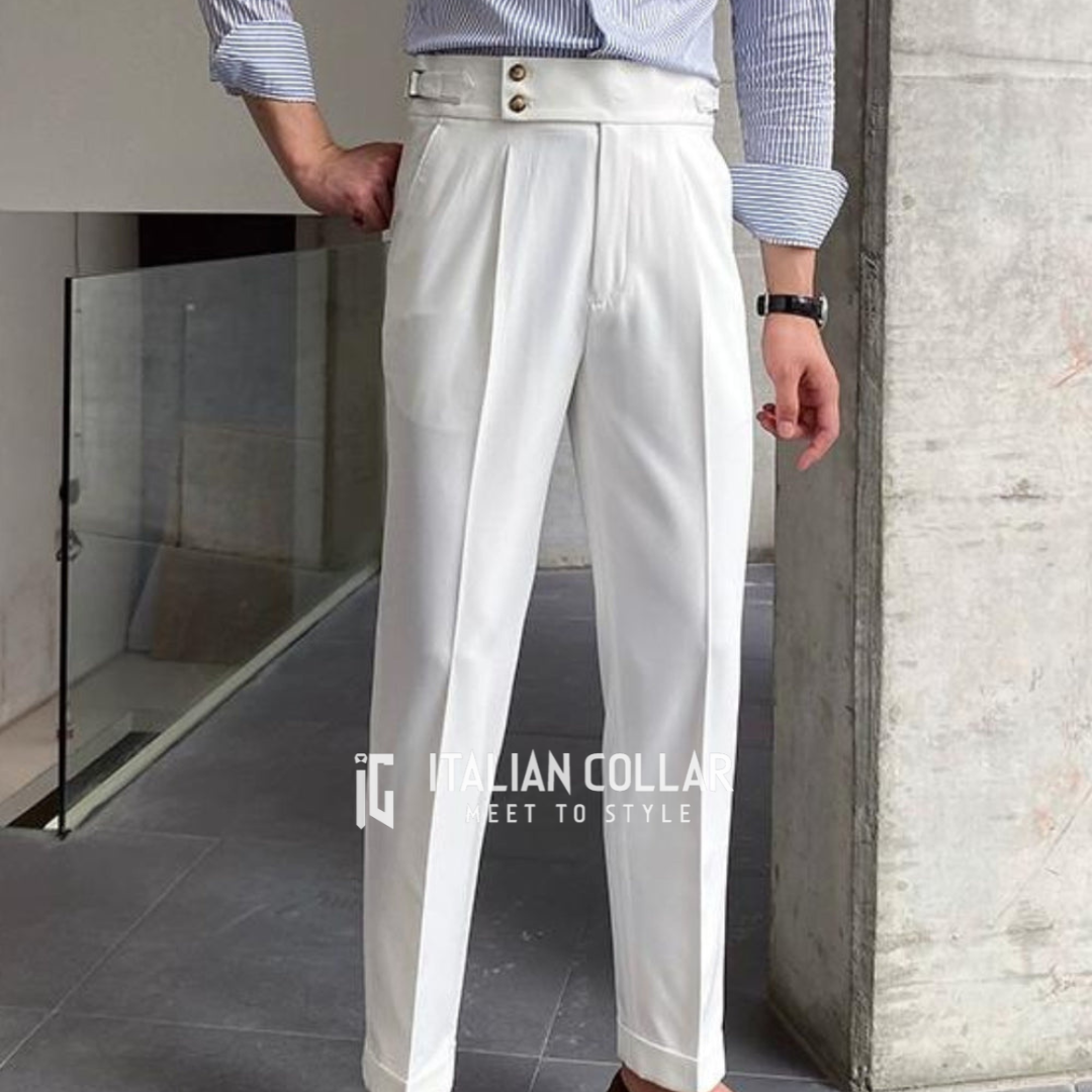 White Signature Buttoned Gurkha Pants By Italian Collar