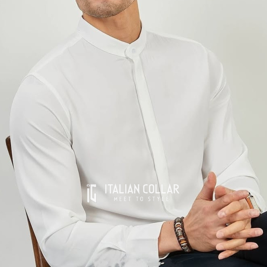 White Stand Collar Hidden Button Shirt By Italian Collar