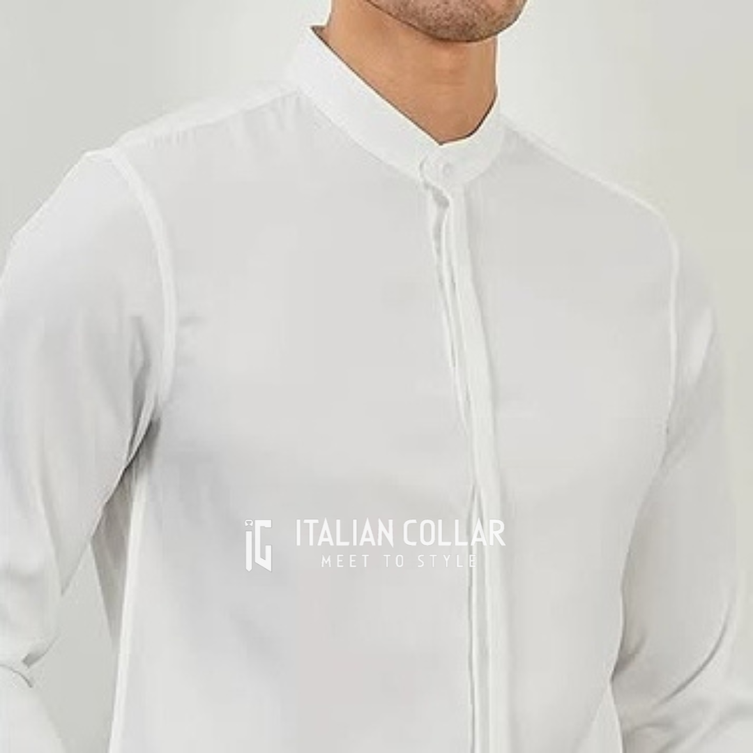 White Stand Collar Hidden Button Shirt By Italian Collar