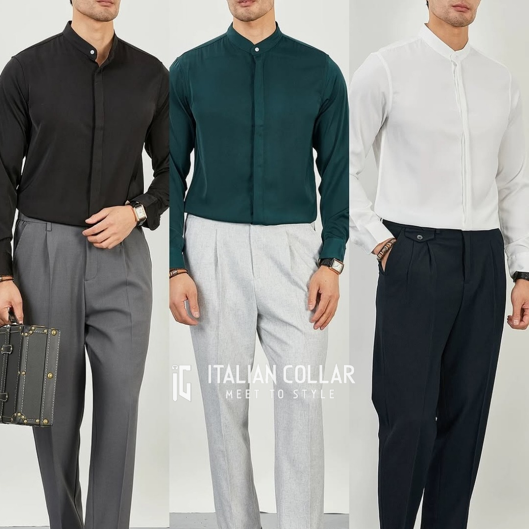 White Stand Collar Hidden Button Shirt By Italian Collar