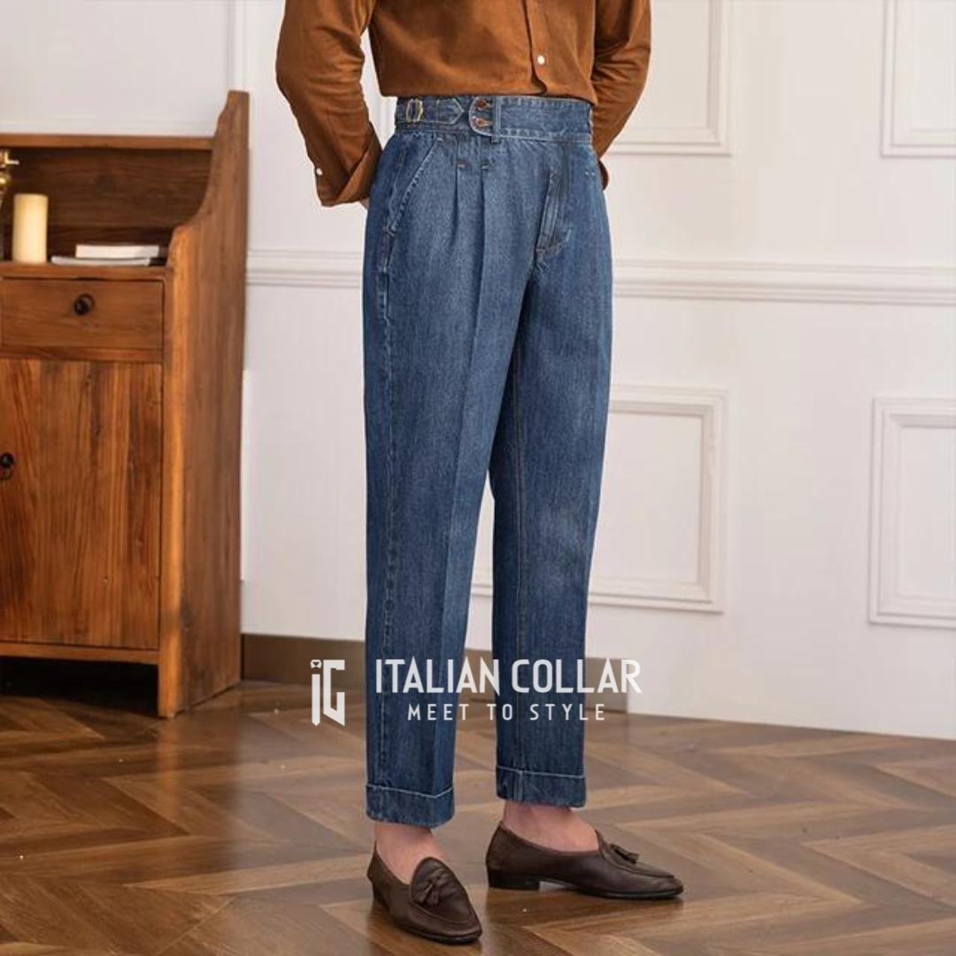 "Italian Collar Gurkha pants from the Iconic Collection with a high waist, side buckles, and pleated front, crafted for style and comfort."