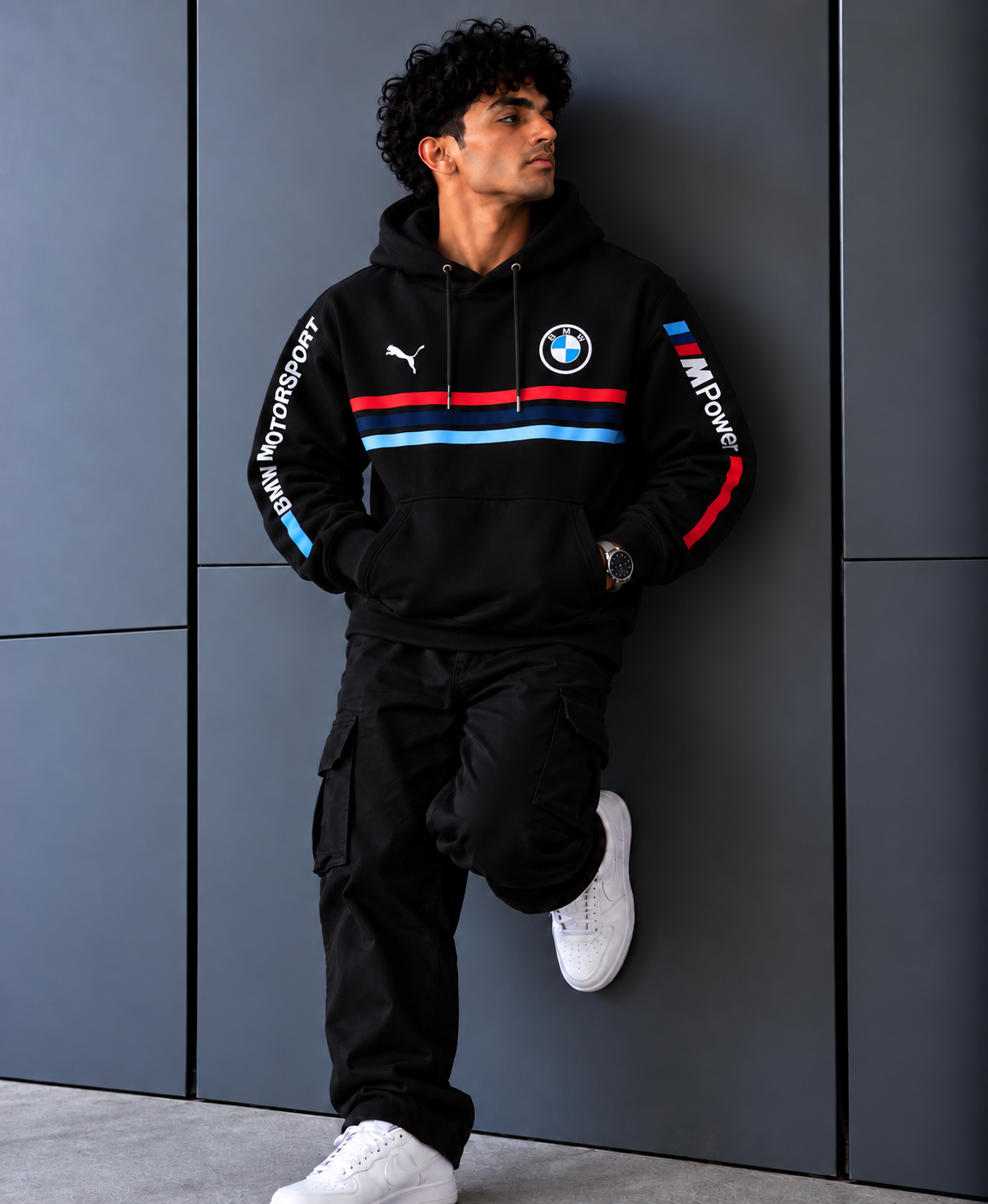 BMW M Motorsport Tricolour Stripes Black Graphic Hoodie