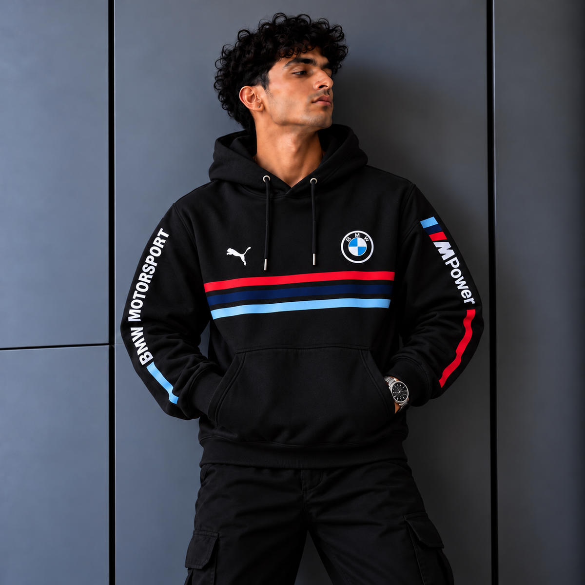 BMW M Motorsport Tricolour Stripes Black Graphic Hoodie