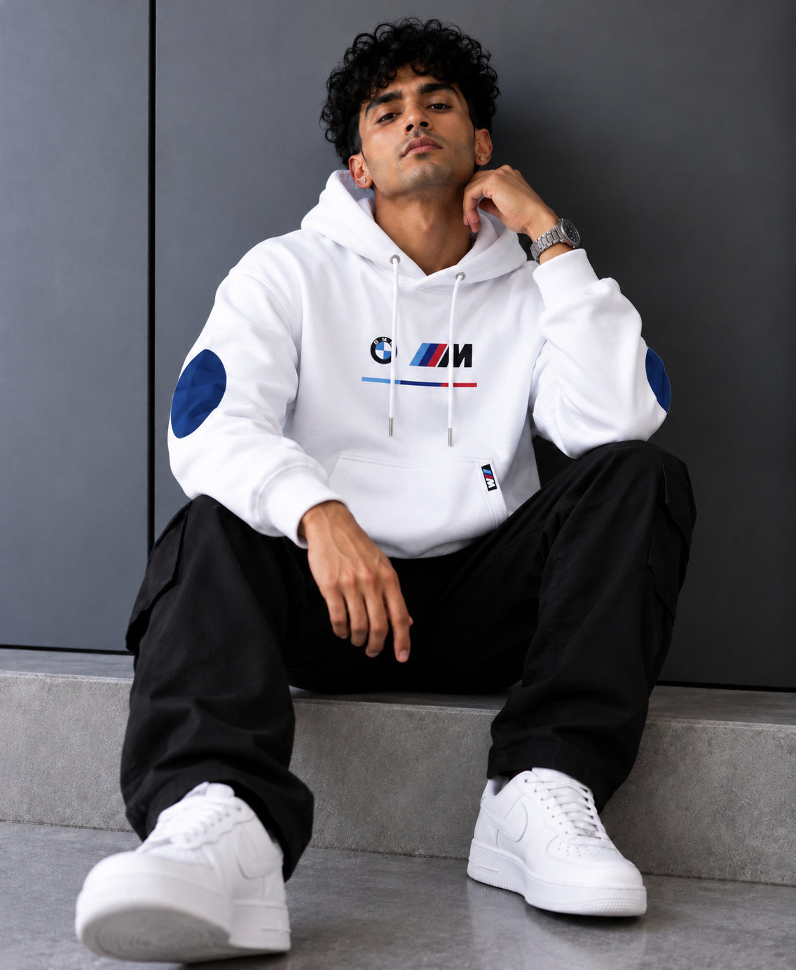 BMW M Motorsport Inspired White Elbow Patch Hoodie