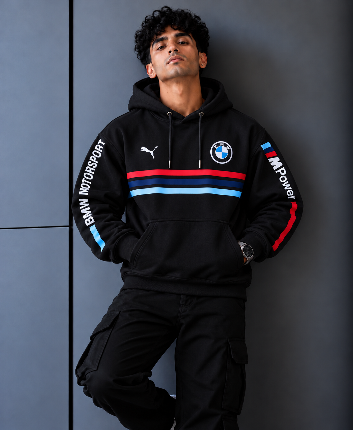 BMW M Motorsport Tricolour Stripes Black Graphic Hoodie