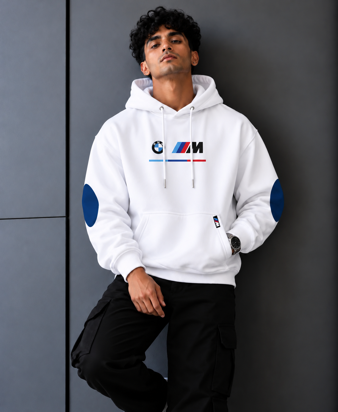 BMW M Motorsport Inspired White Elbow Patch Hoodie
