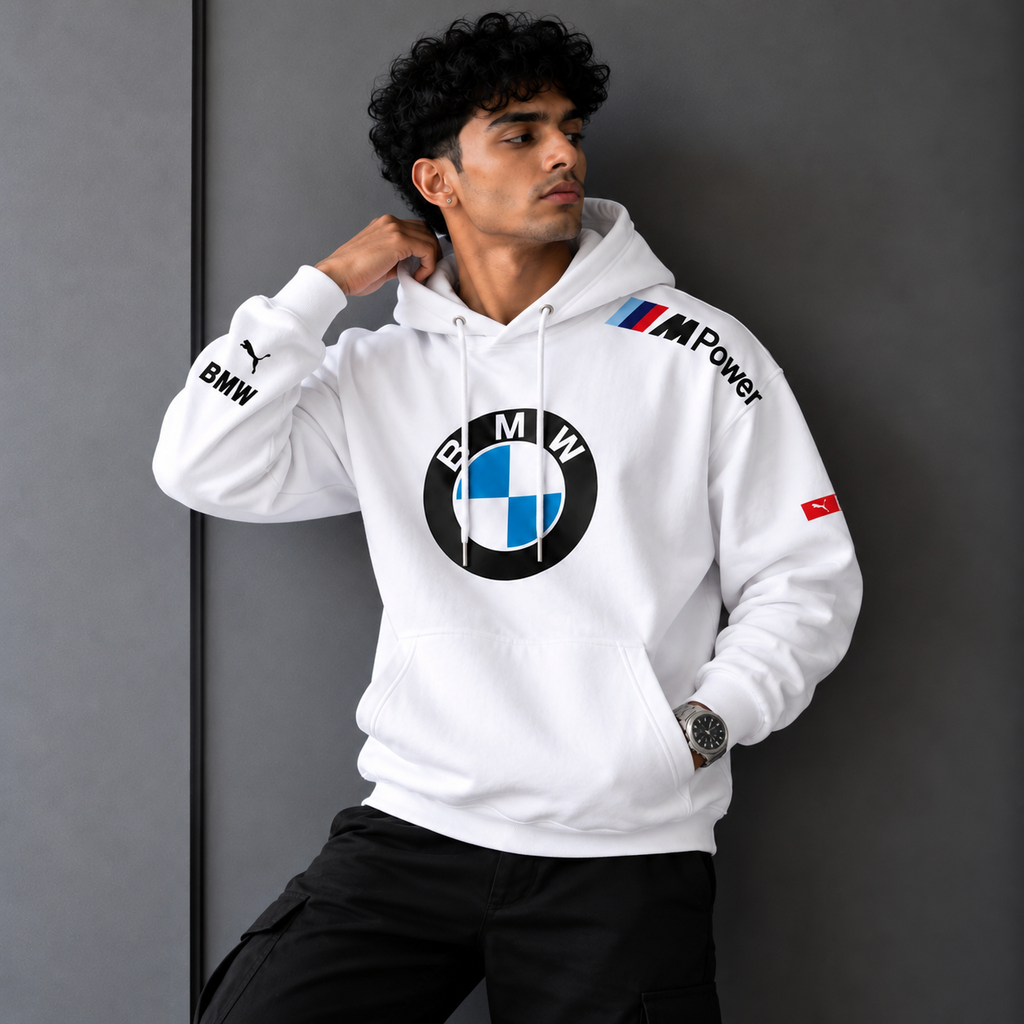 BMW Motorsport Inspired White Oversized Hoodie – M Power Edition