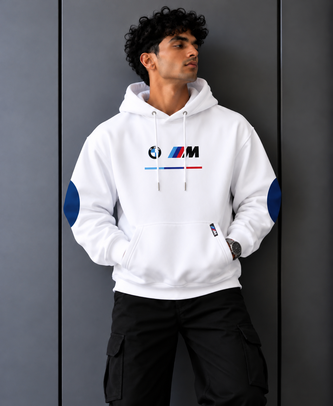 BMW M Motorsport Inspired White Elbow Patch Hoodie
