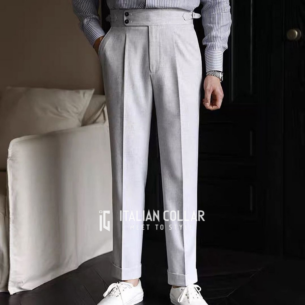 Ash Grey Signature Buttoned Gurkha Pants By Italian Collar