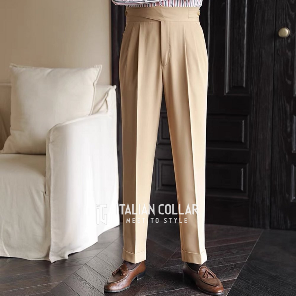 Beige Classic Buttoned Gurkha Pants By Italian Collar