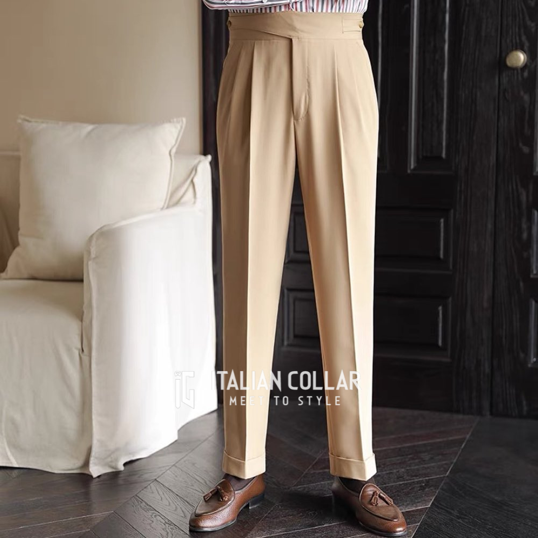 Beige Classic Buttoned Gurkha Pants By Italian Collar