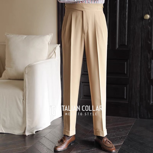 Beige Classic Buttoned Gurkha Pants By Italian Collar