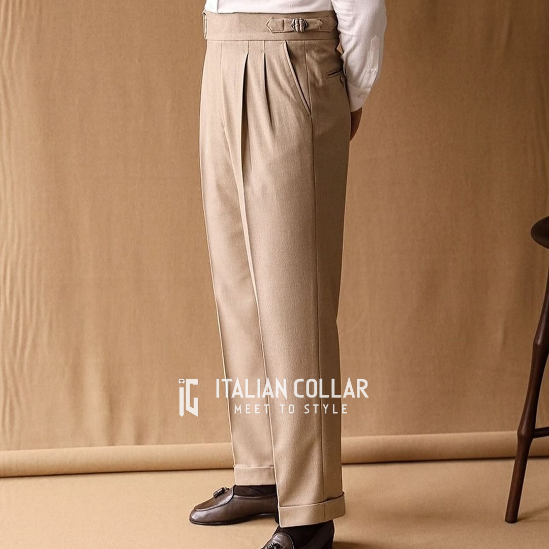 Beige Signature Buttoned Gurkha Pants By Italian Collar