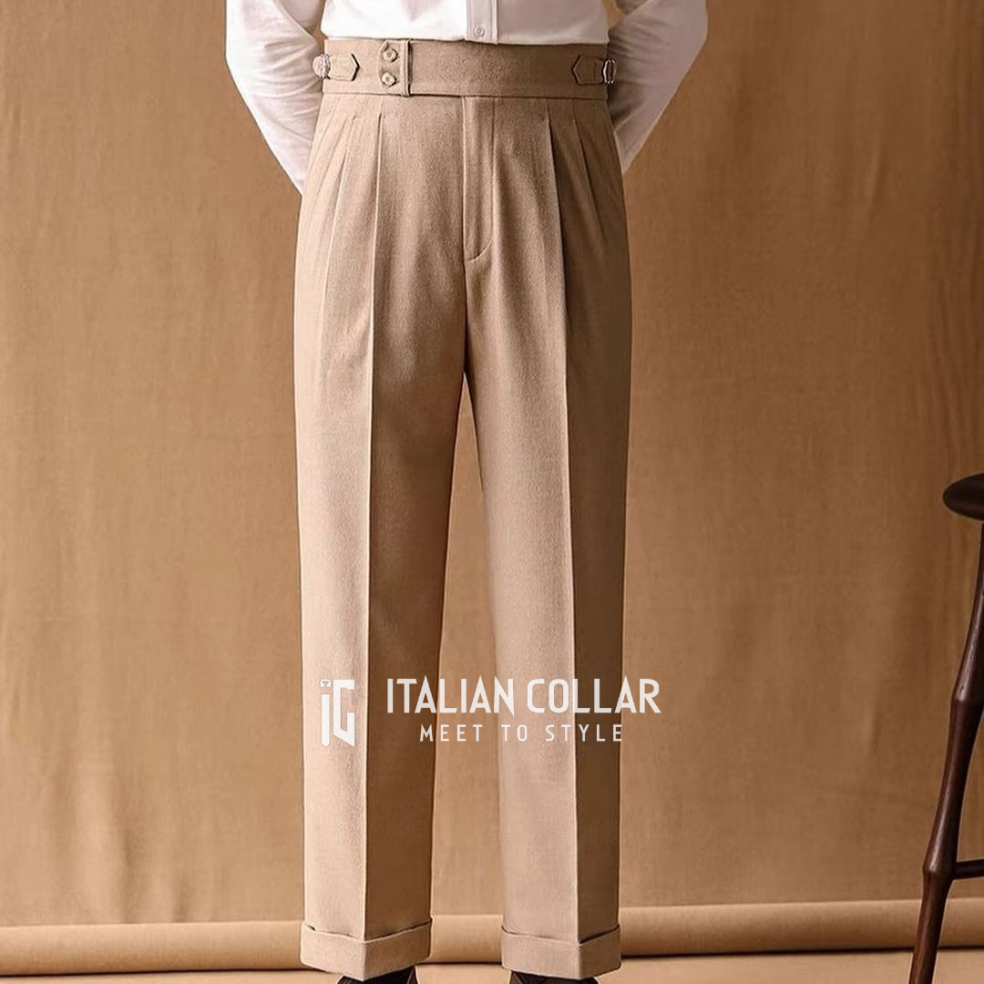 Beige Signature Buttoned Gurkha Pants By Italian Collar