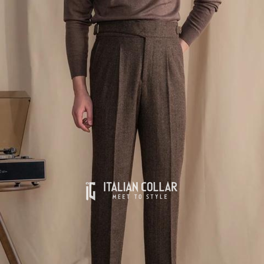 Brown Italian Exotic Woolen Gurkha Pants By Italian Collar