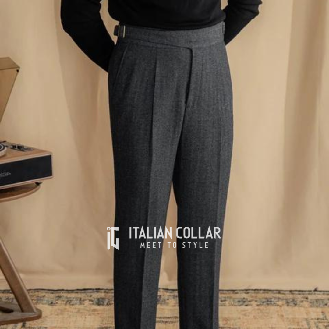 Black Italian Exotic Woolen Gurkha Pants By Italian Collar