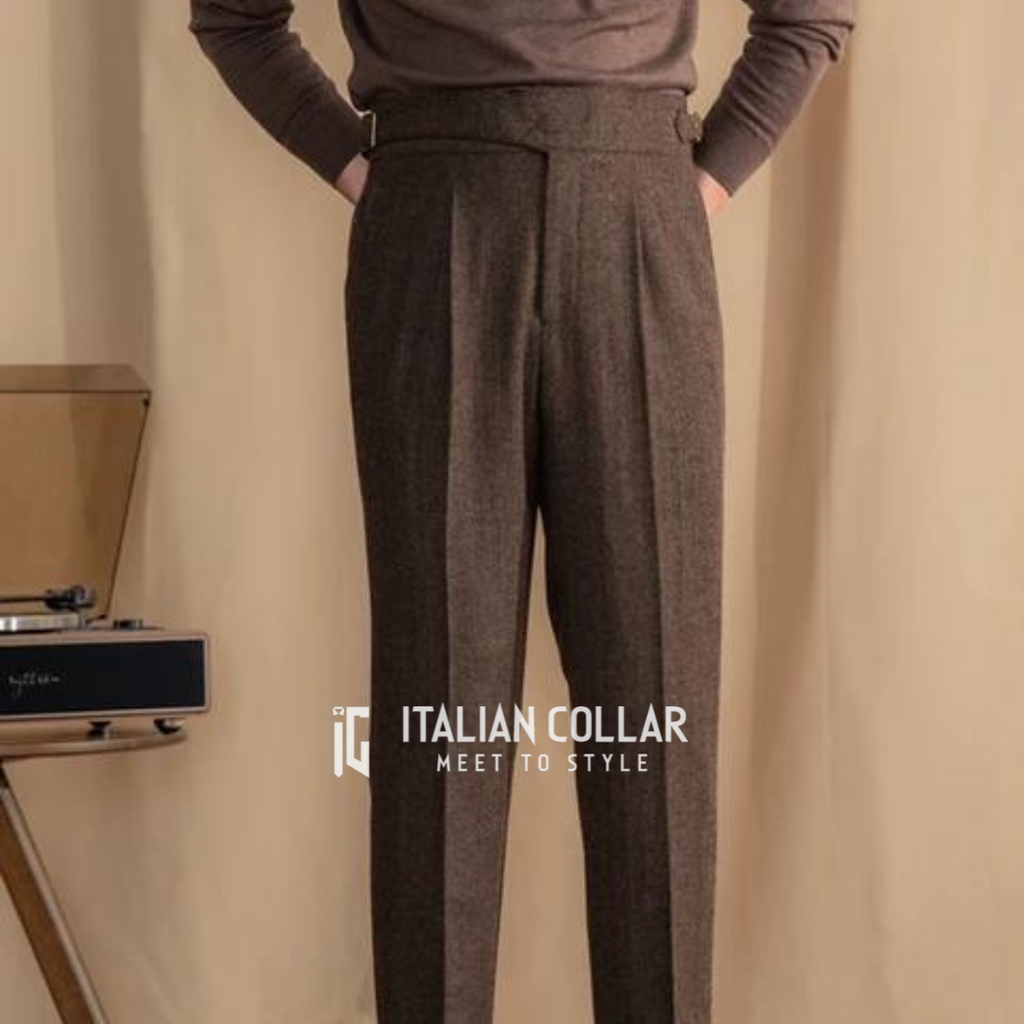 Brown Italian Exotic Woolen Gurkha Pants By Italian Collar