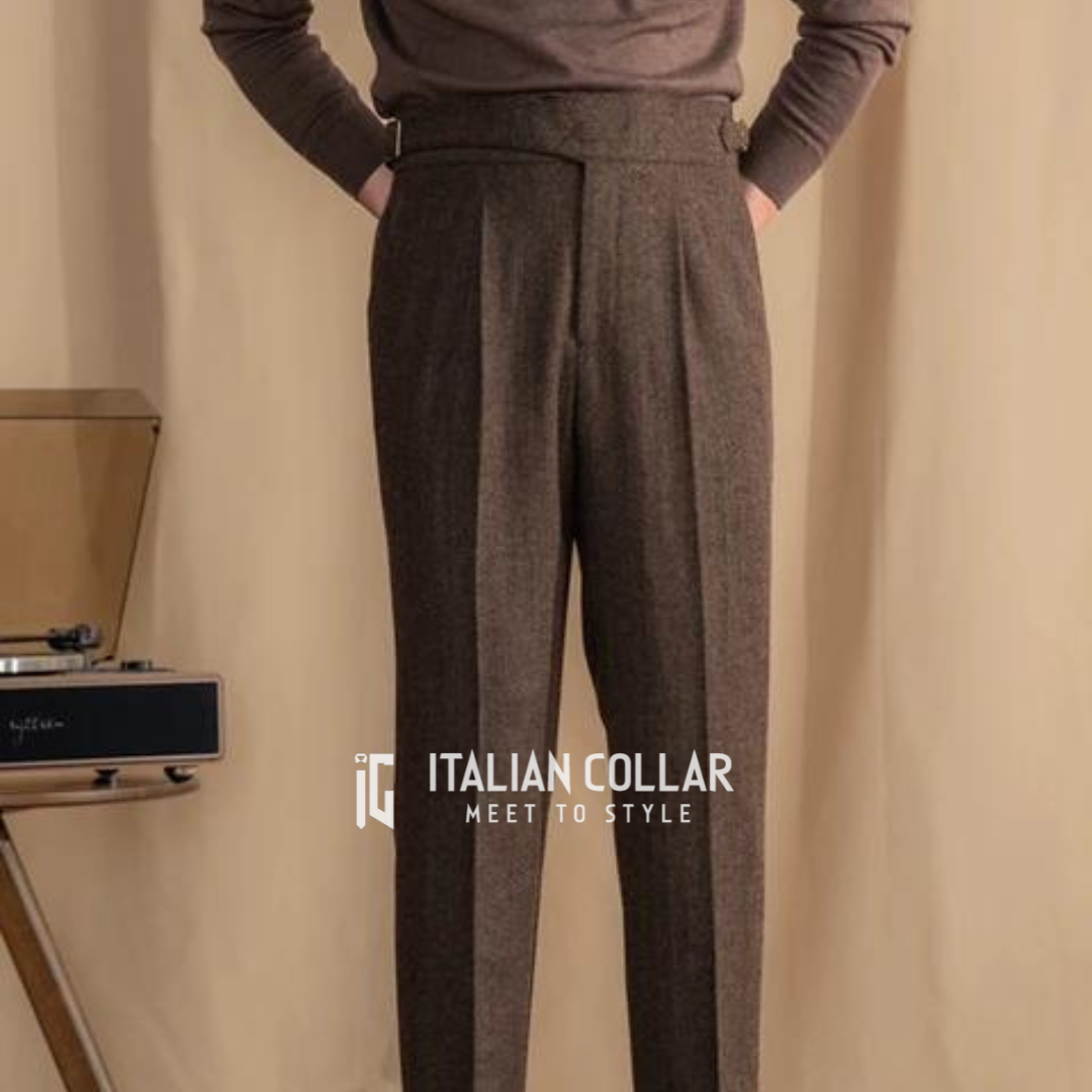 Brown Italian Exotic Woolen Gurkha Pants By Italian Collar