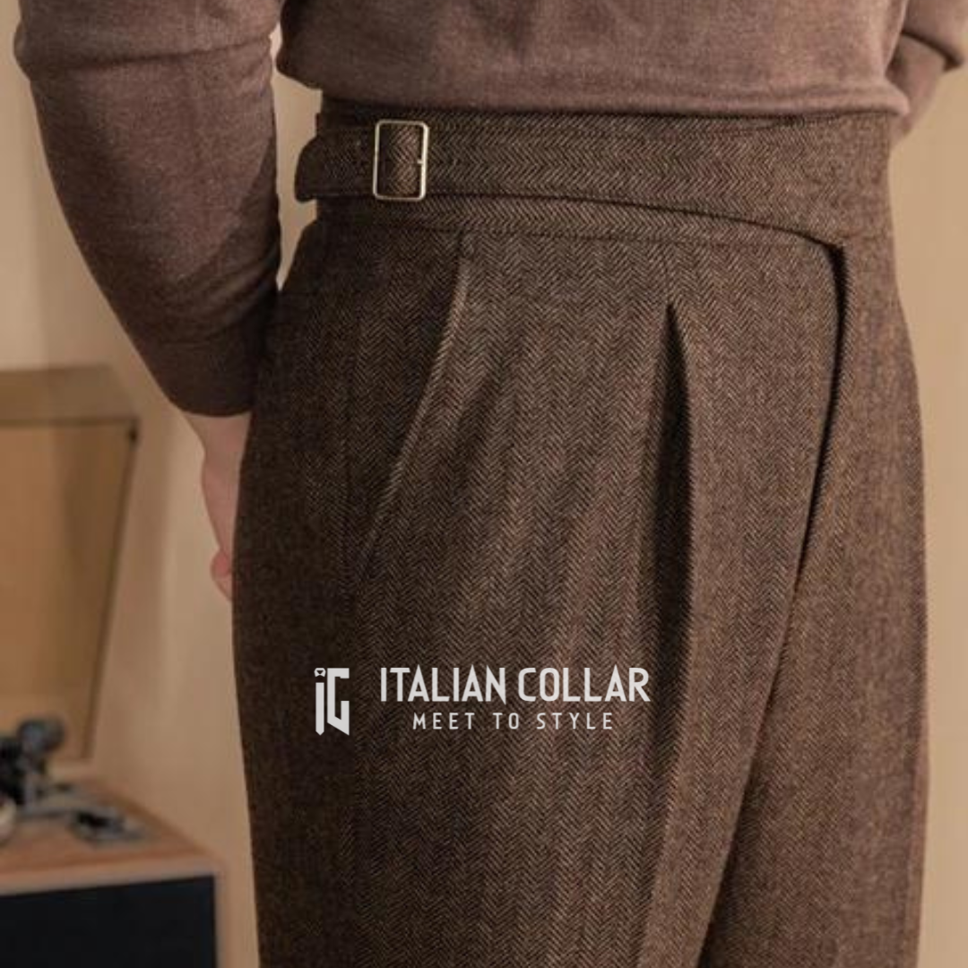 Brown Italian Exotic Woolen Gurkha Pants By Italian Collar