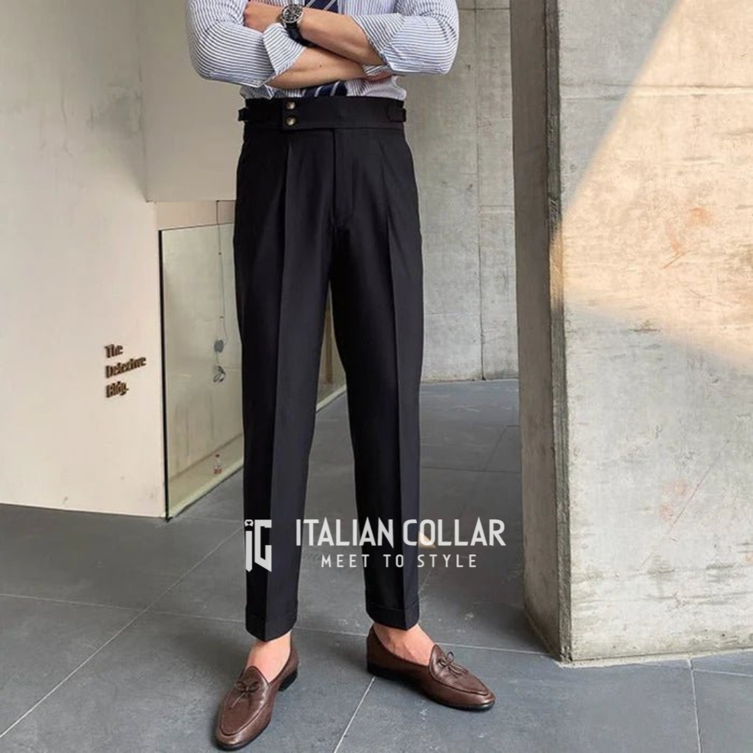 Versatile and stylish, the Black Signature Gurkha Pants from Italian Collar redefine comfort and class, ideal for business, casual, or formal wear.